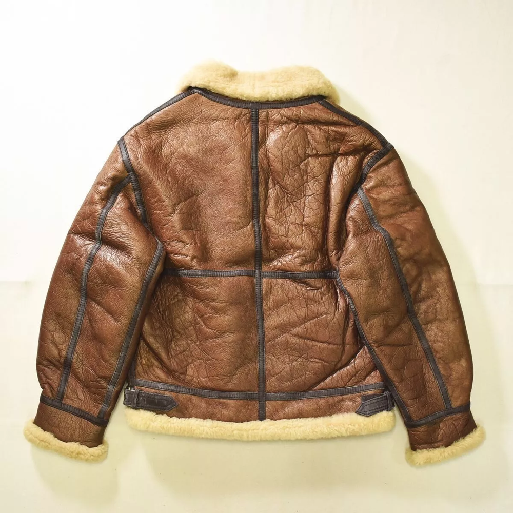 Shearling Leather Flight Bomber Jacket Sheepskin Size L Brown Vintage - Image 6