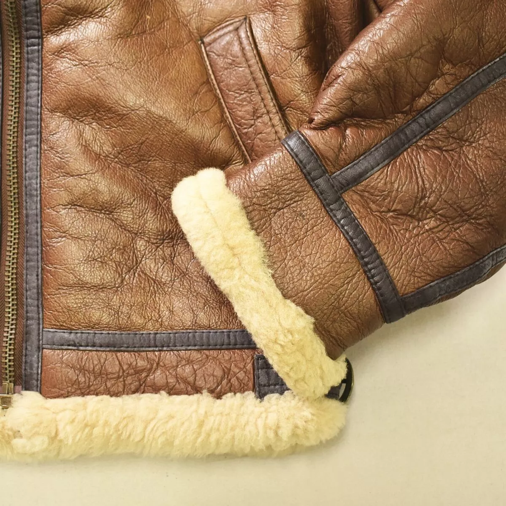Shearling Leather Flight Bomber Jacket Sheepskin Size L Brown Vintage - Image 4