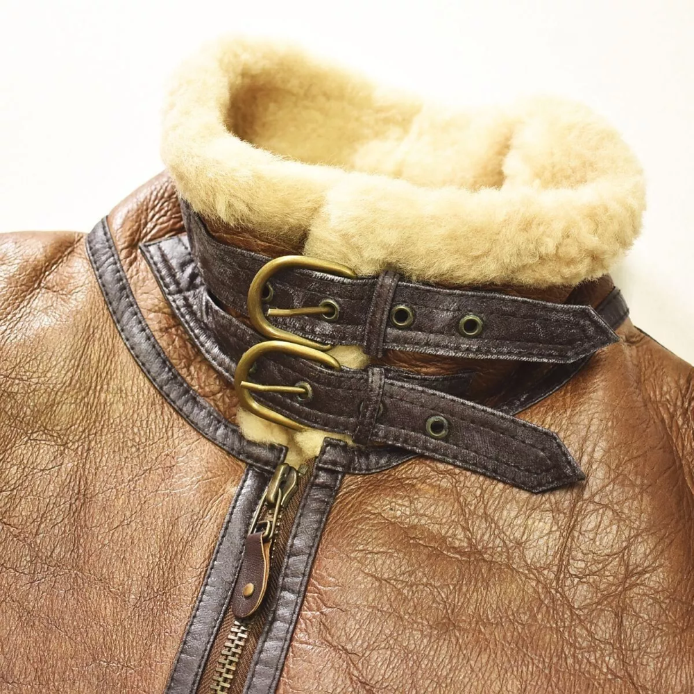 Shearling Leather Flight Bomber Jacket Sheepskin Size L Brown Vintage - Image 3