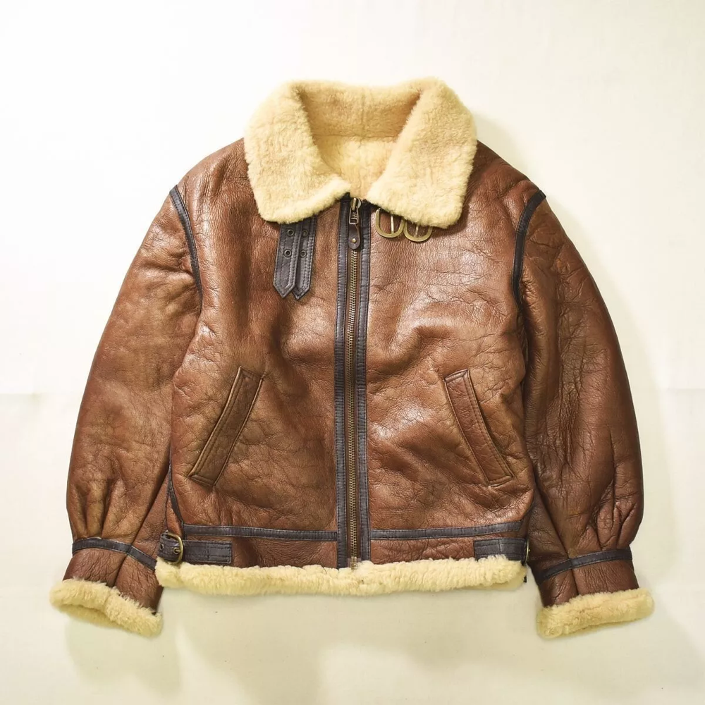 Shearling Leather Flight Bomber Jacket Sheepskin Size L Brown Vintage