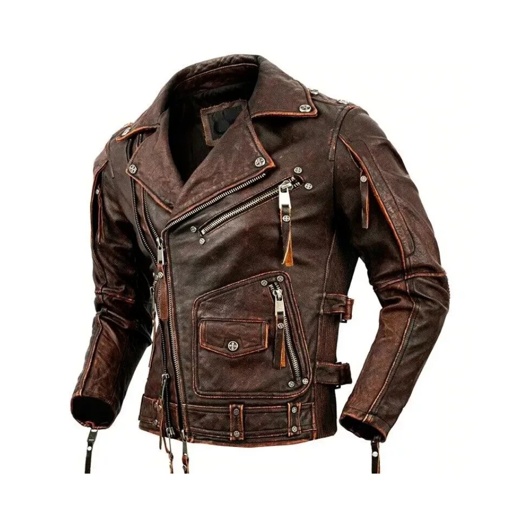 Men's Vintage Motorcycle Biker Jacket, Distressed Leather, Cafe Racer