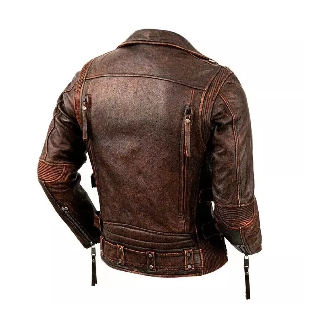 Men's Vintage Motorcycle Biker Jacket, Distressed Leather, Cafe Racer - Image 2