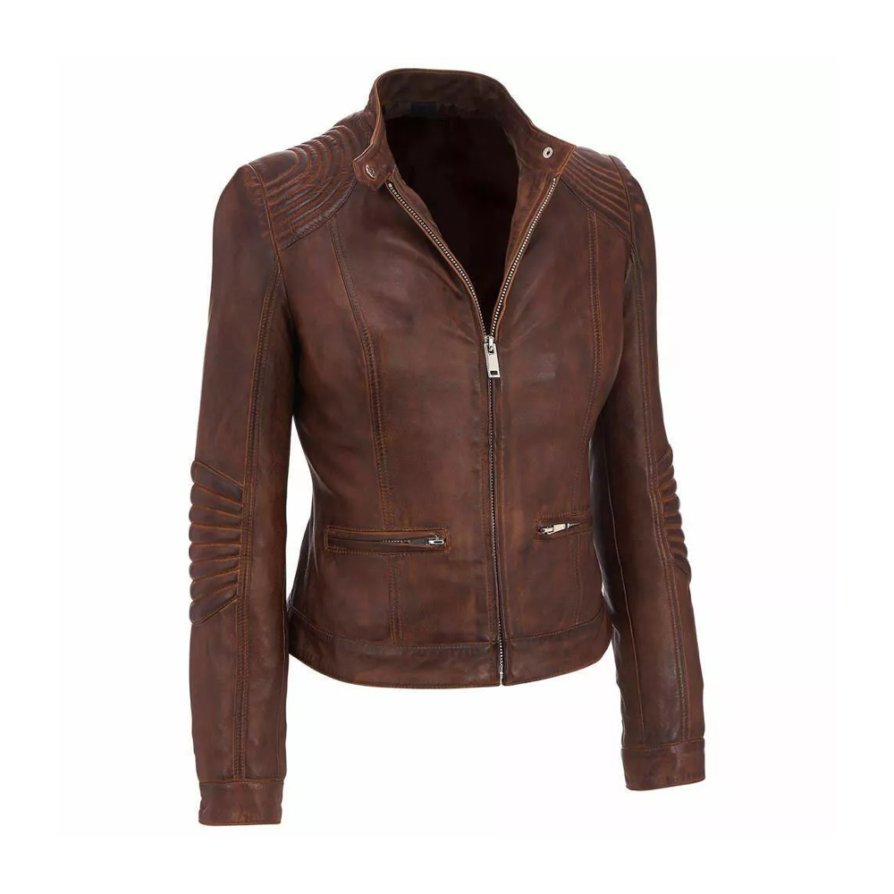 Womens Latest Cafe Racer Moto Biker Distressed Brown Vintage Real Leather Jacket