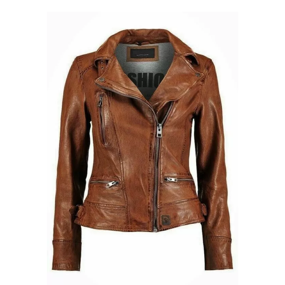 Womens Latest Cafe Racer Distressed Brown Vintage Moto Biker Real Leather Jacket