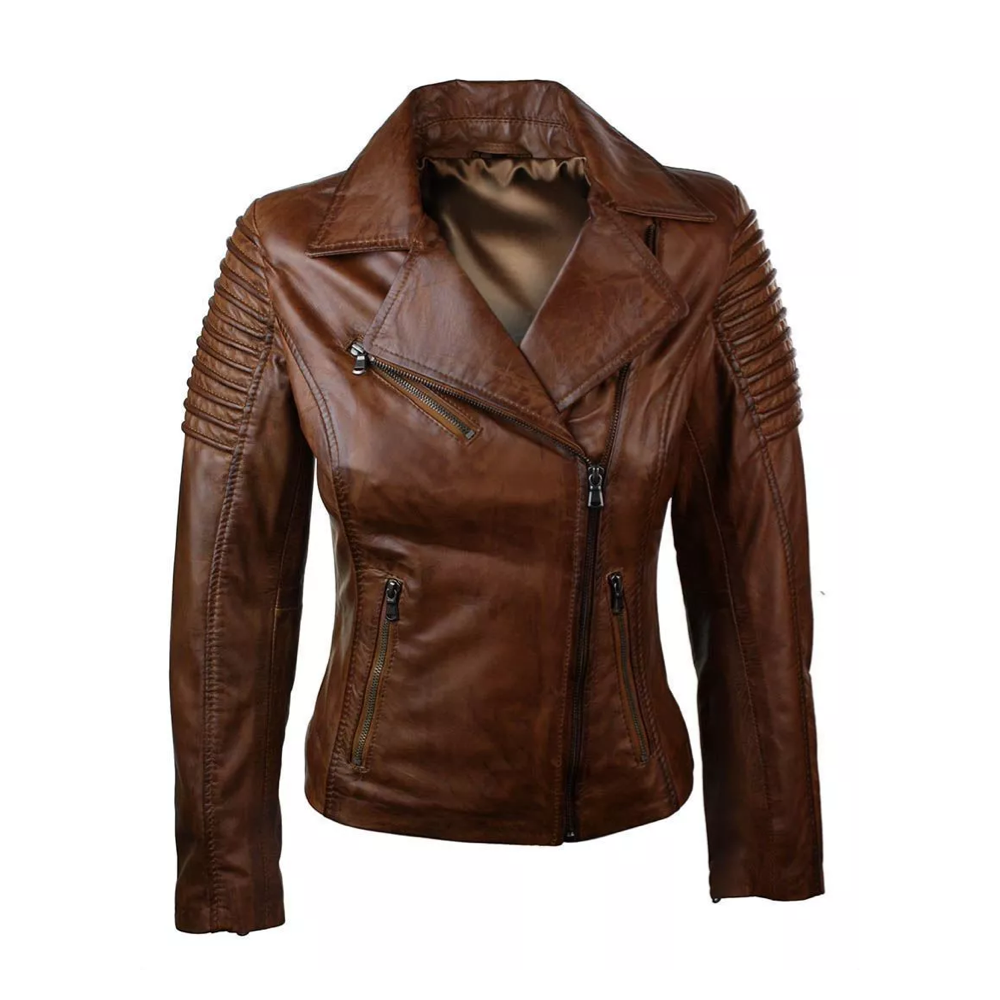 Woman Slim Fit Brown Genuine Real Leather Vintage Biker Jacket