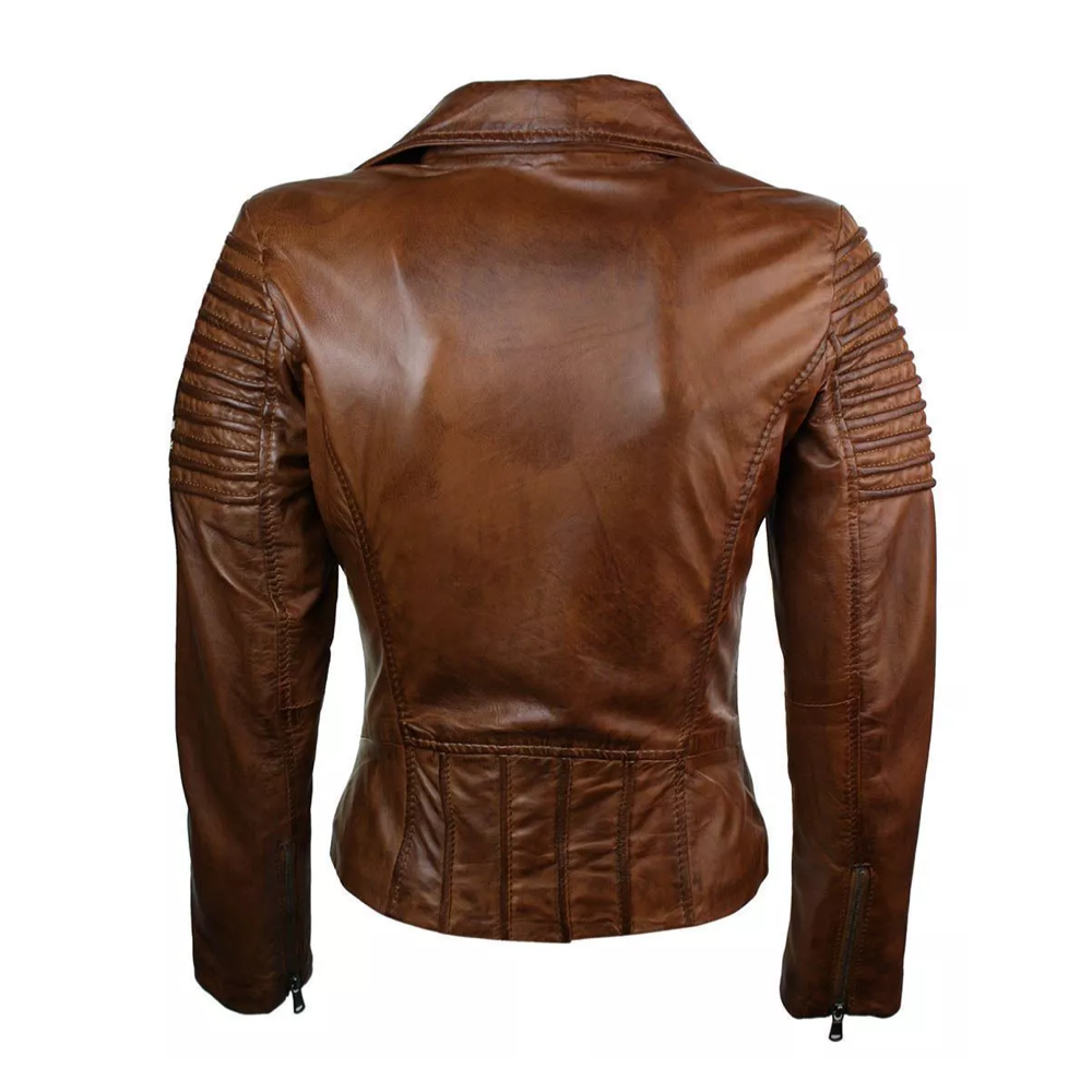 Woman Slim Fit Brown Genuine Real Leather Vintage Biker Jacket - Image 3