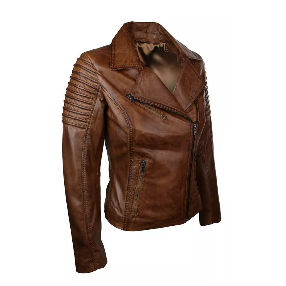 Woman Slim Fit Brown Genuine Real Leather Vintage Biker Jacket - Image 2