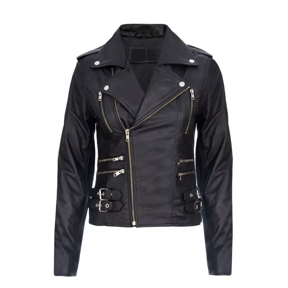 Women's Black Retro 100% Real Leather Biker Jacket Soft Multi Zip Coat