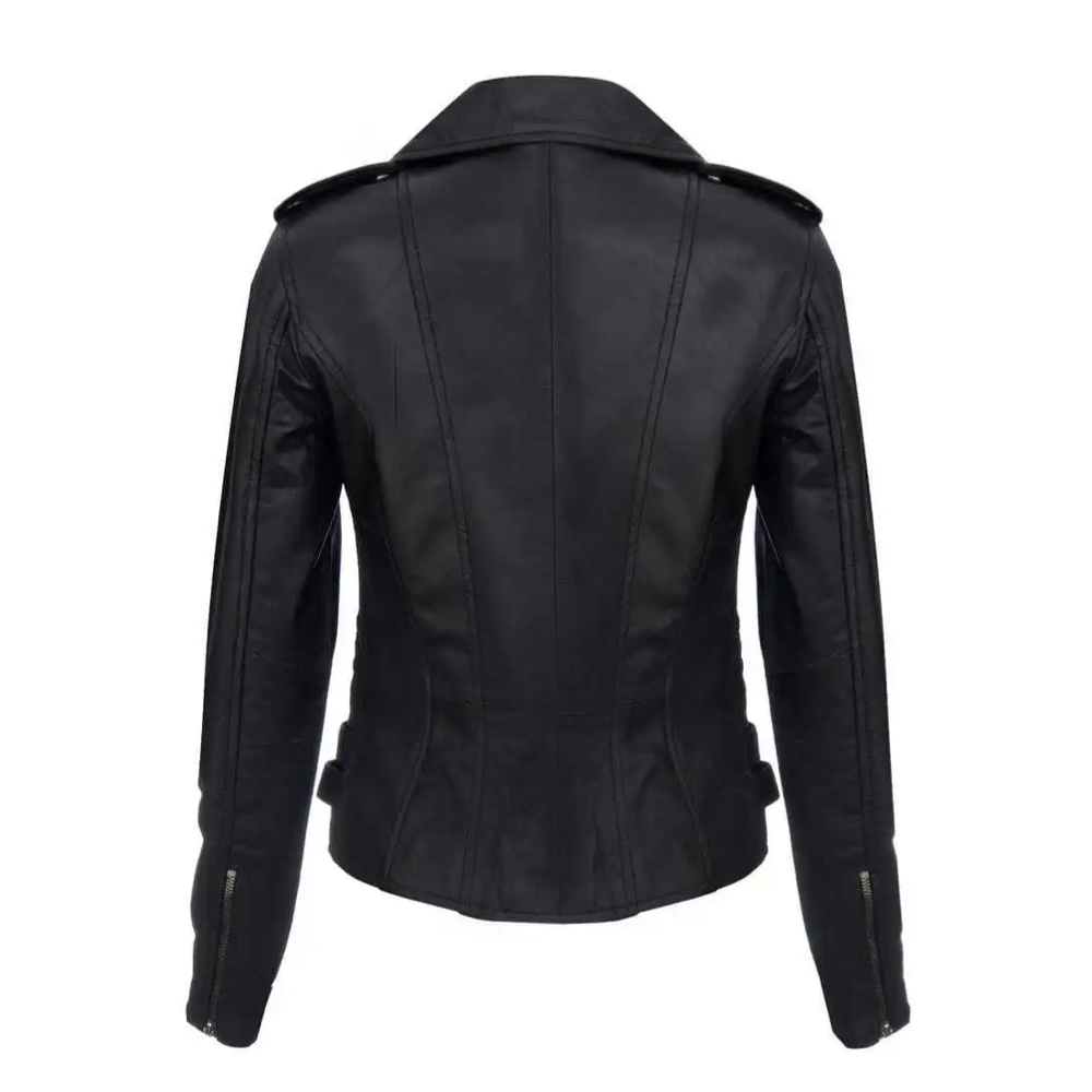 Women's Black Retro 100% Real Leather Biker Jacket Soft Multi Zip Coat - Image 2