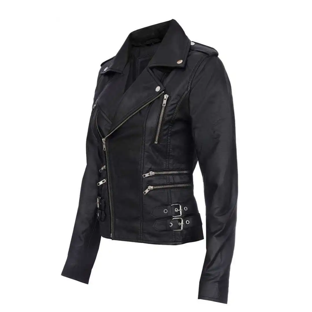 Women's Black Retro 100% Real Leather Biker Jacket Soft Multi Zip Coat - Image 3