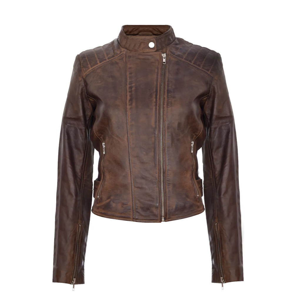 Womens Brown Real Leather Fitted Vintage Biker Style Zip Fashion Jacket