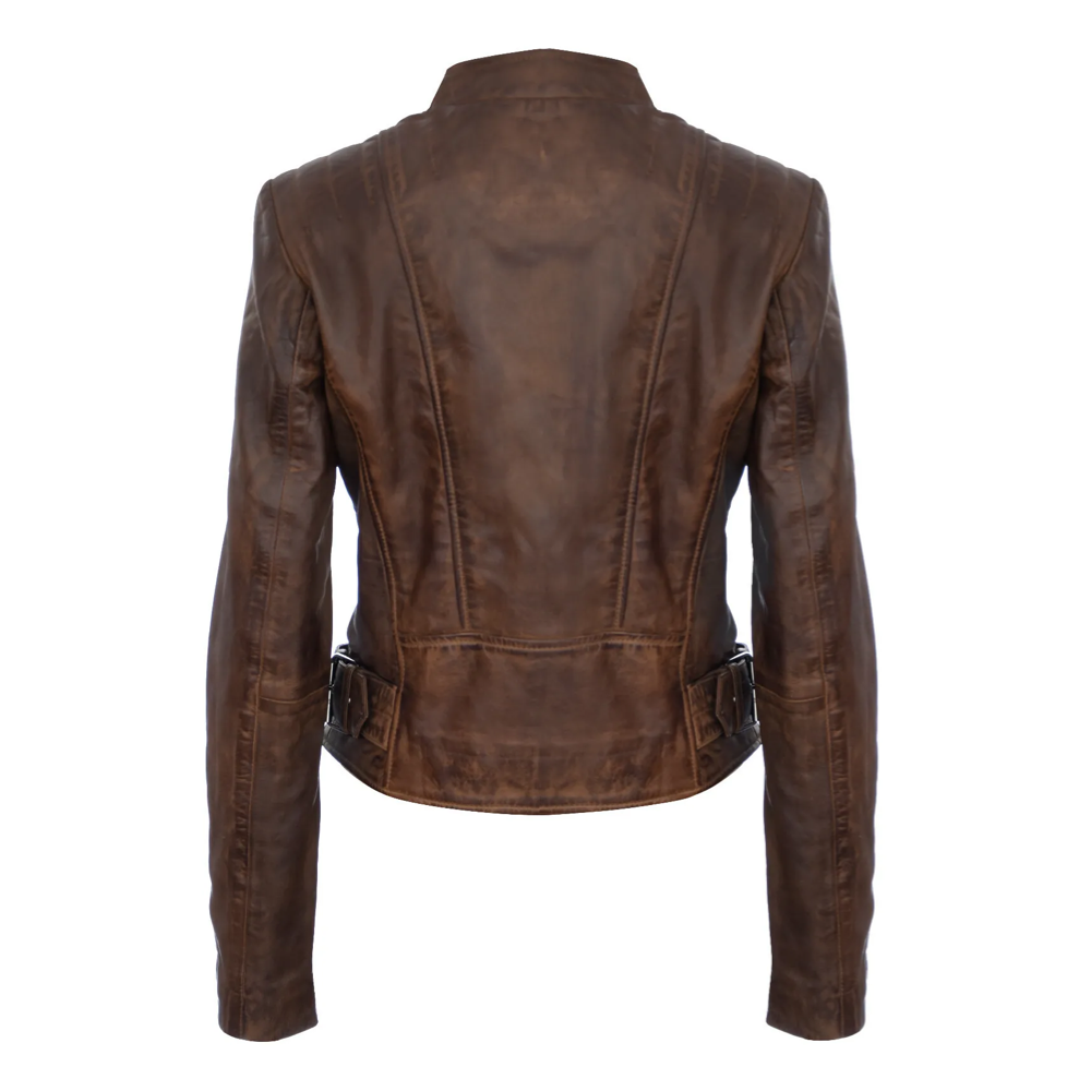 Womens Brown Real Leather Fitted Vintage Biker Style Zip Fashion Jacket - Image 3