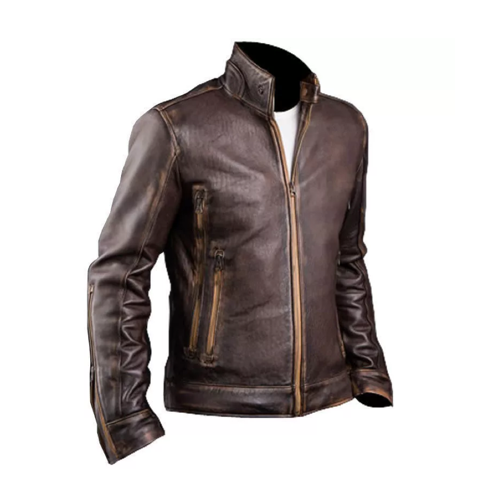 Men's Biker Cafe Racer Vintage Motorcycle Distressed Brown Leather Jacket* - Image 2