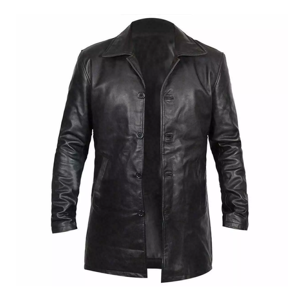 Men's Black Long Trench Vintage Real Sheepskin Motorcycle Leather jacket/Coat