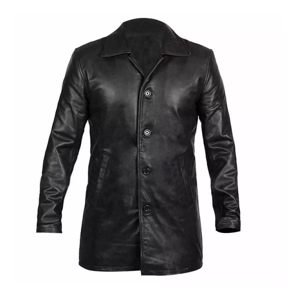 Men's Black Long Trench Vintage Real Sheepskin Motorcycle Leather jacket/Coat - Image 2
