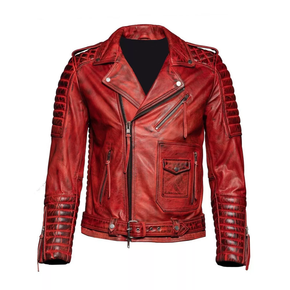 Mens Real Leather Jacket Cafe Racer Red Genuine Motorcycle Retro Biker*