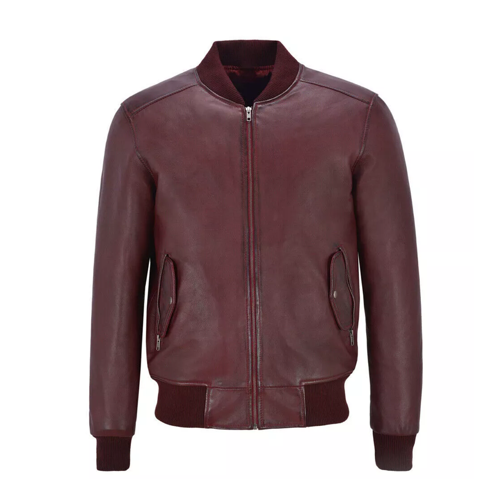 Men's Vintage Retro Jacket 100% Real Lambskin Leather Maroon Biker Jacket*
