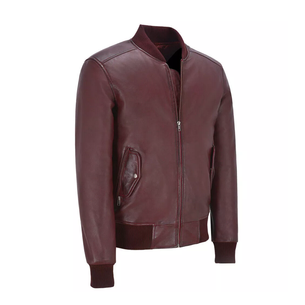 Men's Vintage Retro Jacket 100% Real Lambskin Leather Maroon Biker Jacket* - Image 3