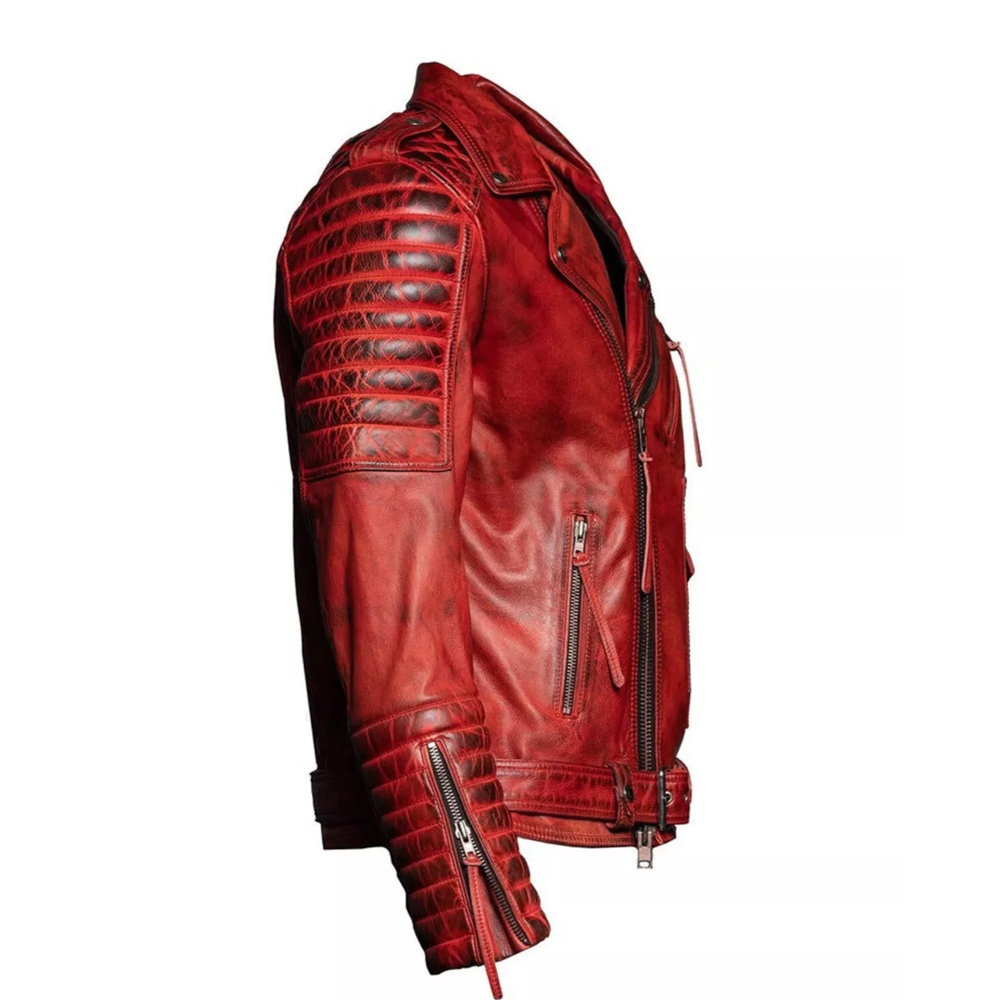Mens Real Leather Jacket Cafe Racer Red Genuine Motorcycle Retro Biker* - Image 3