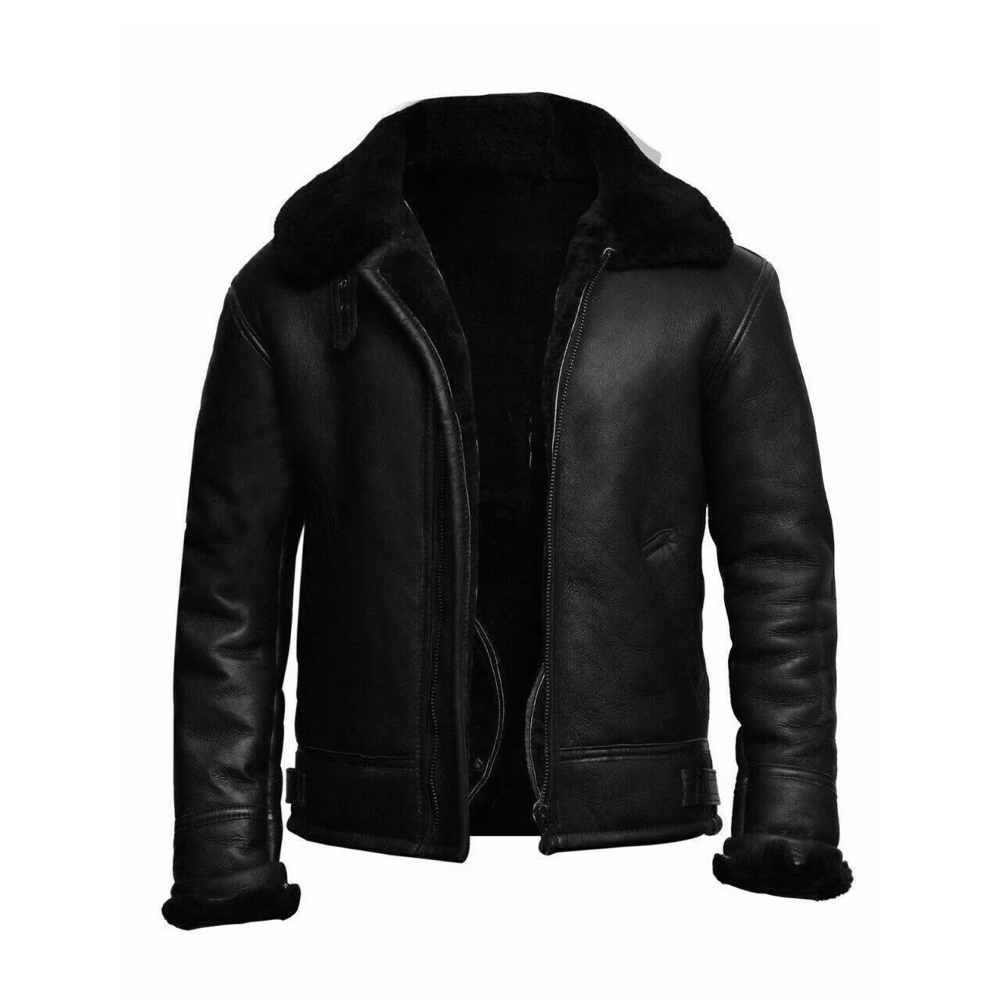 Mens Ginger Aviator Black Sheepskin Real Leather Bomber Flying Jacket*