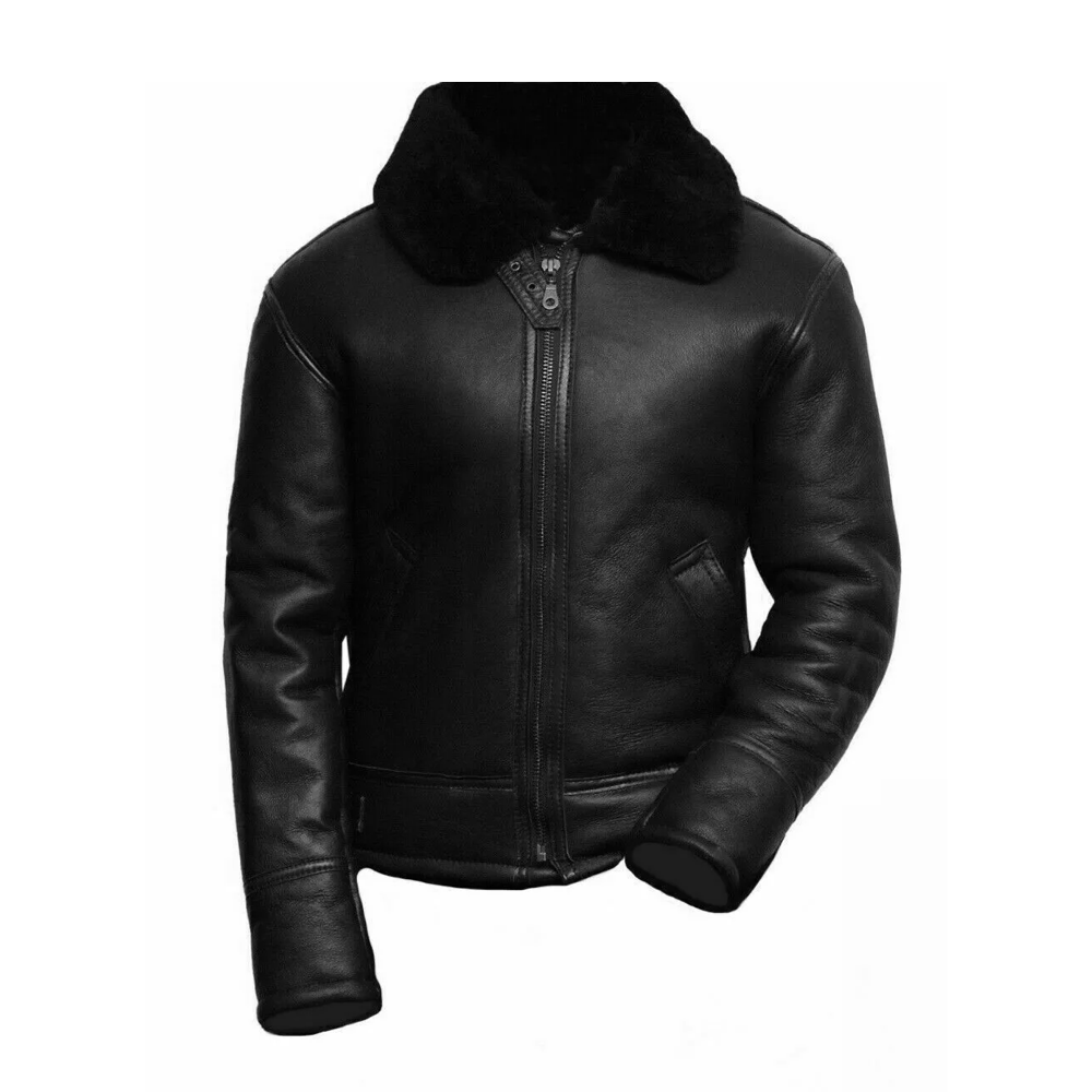 Mens Ginger Aviator Black Sheepskin Real Leather Bomber Flying Jacket* - Image 2