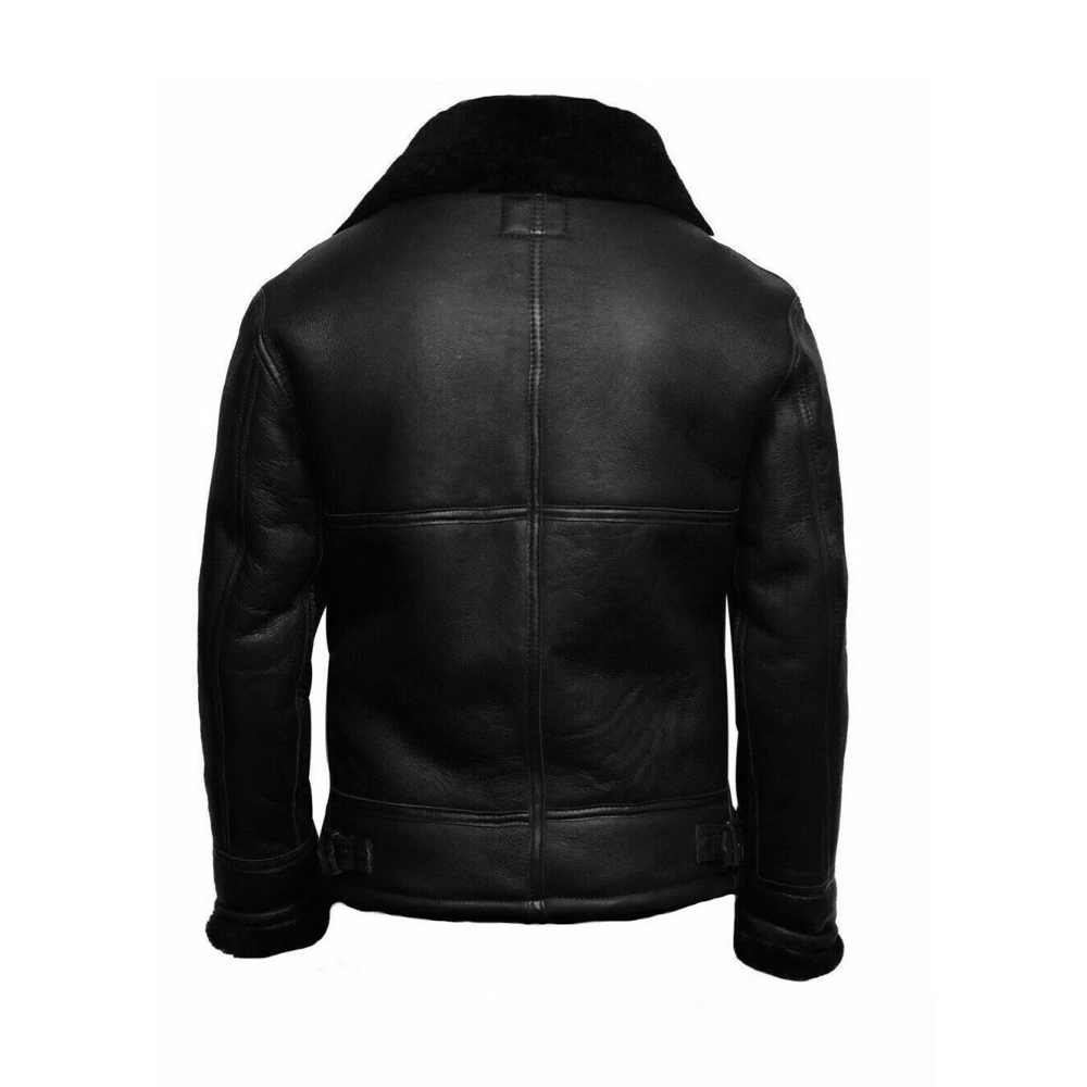 Mens Ginger Aviator Black Sheepskin Real Leather Bomber Flying Jacket* - Image 3