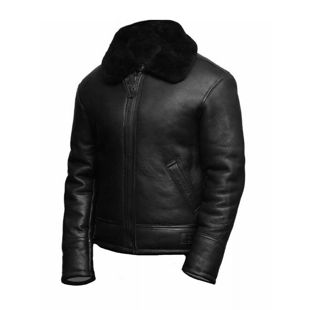 Mens Ginger Aviator Black Sheepskin Real Leather Bomber Flying Jacket* - Image 4