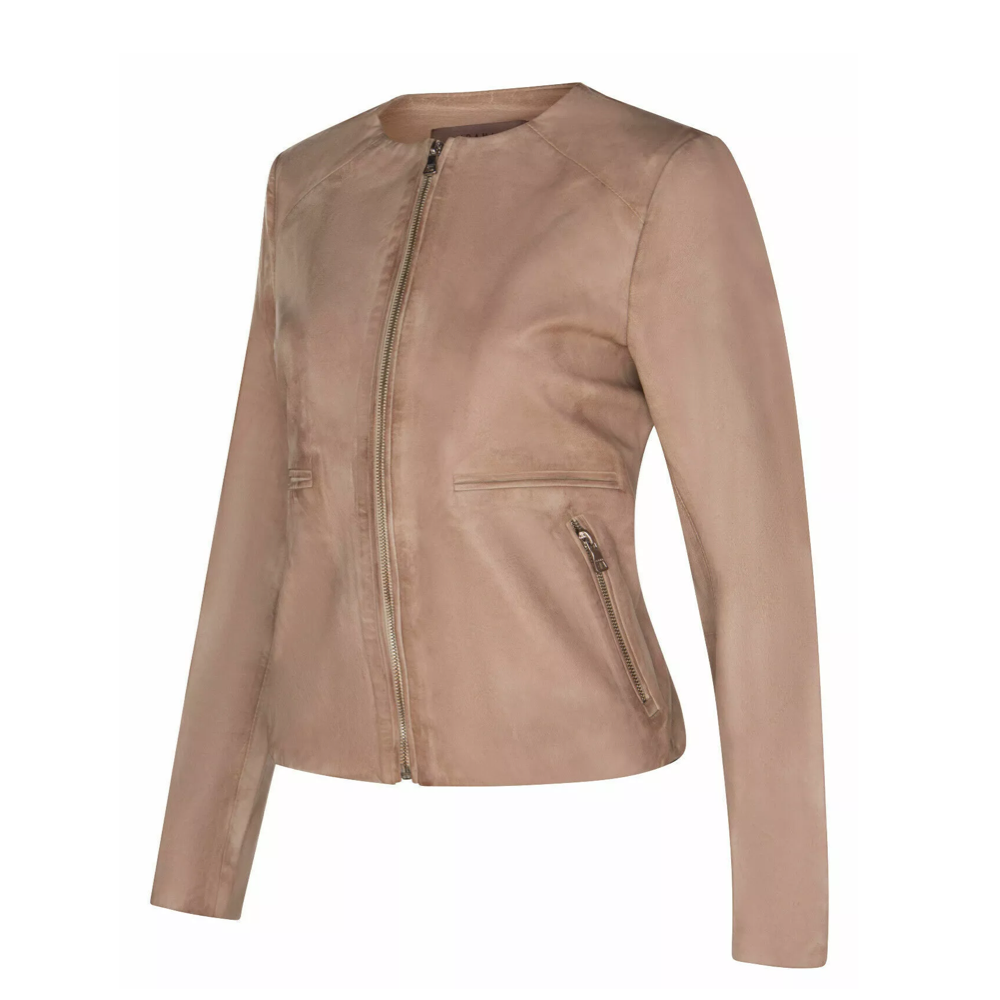 Ladies Leather Biker Jacket Classic Beige Real Lamb Cropped Retro Jacket - Image 3