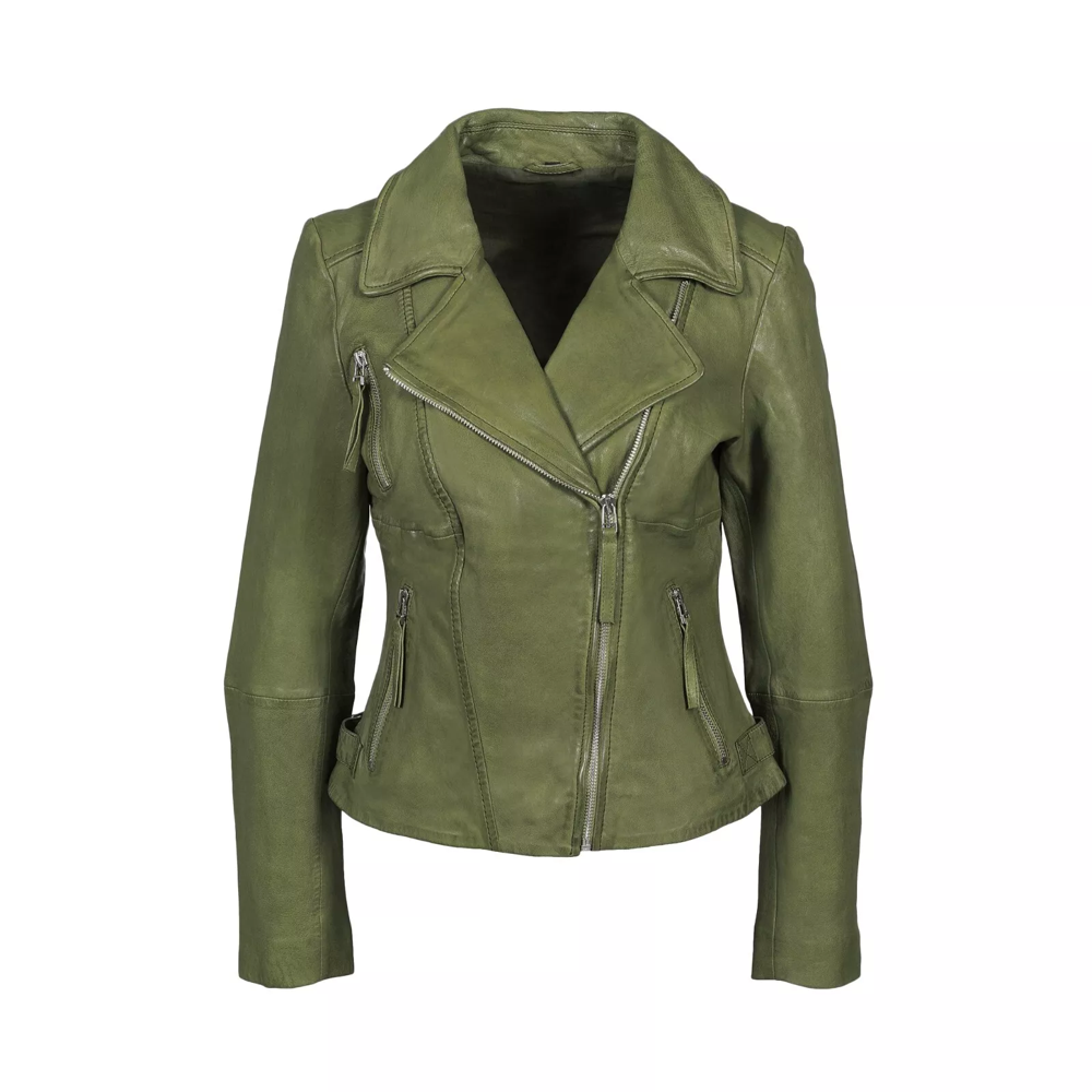 Women's Soft Genuine Leather Biker Jacket Motorcycle Lambskin Vintage Coat Green*