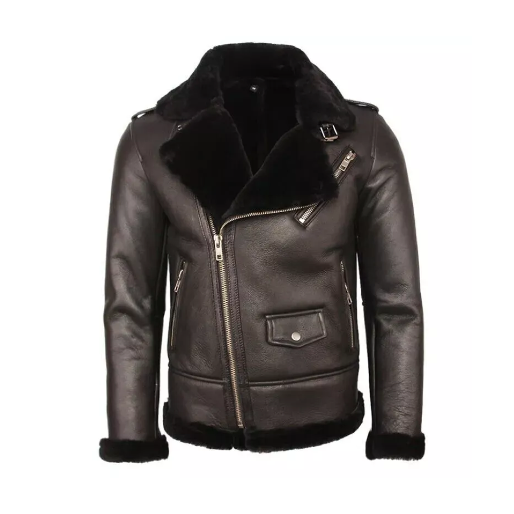 Men's Black RAF Aviator Pilot Fur Shearling Sheepskin Leather Jacket Coat*