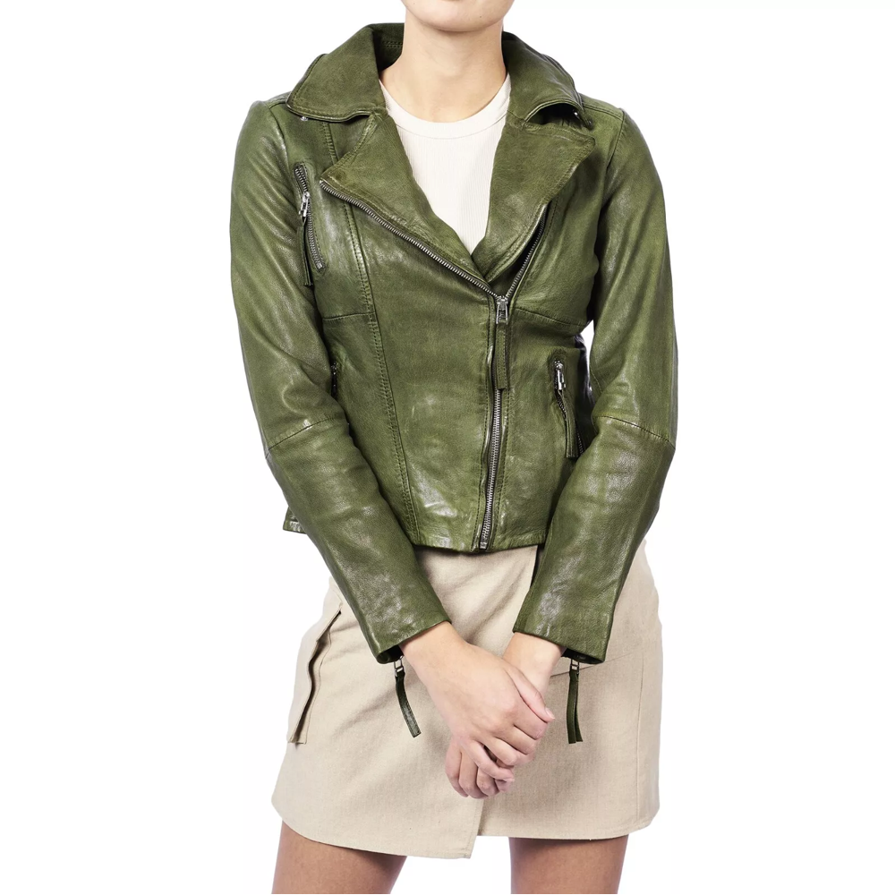 Women's Soft Genuine Leather Biker Jacket Motorcycle Lambskin Vintage Coat Green* - Image 3