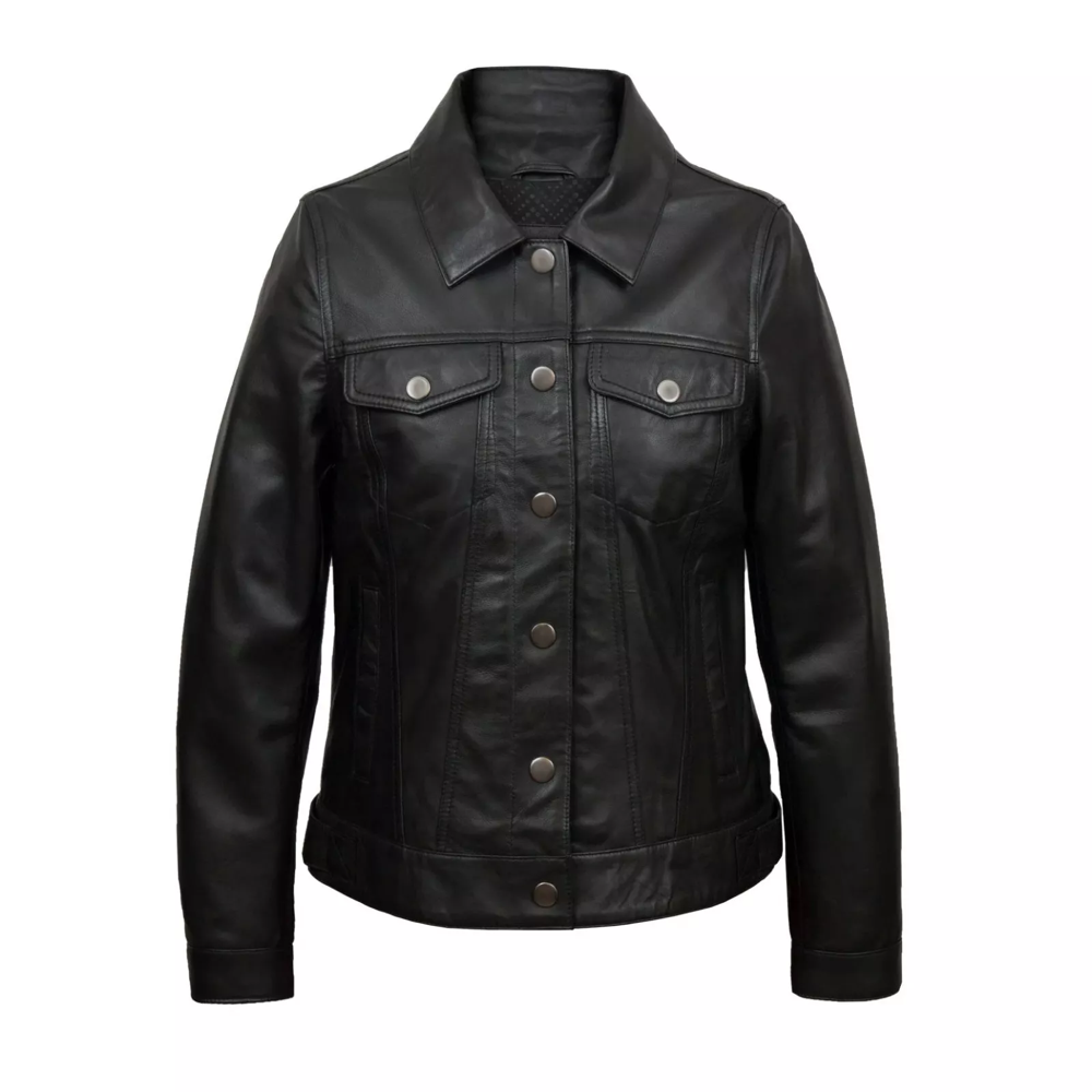 Women's Black Real Genuine Biker Cafe Racer Vintage Trucker Denim Leather Jacket