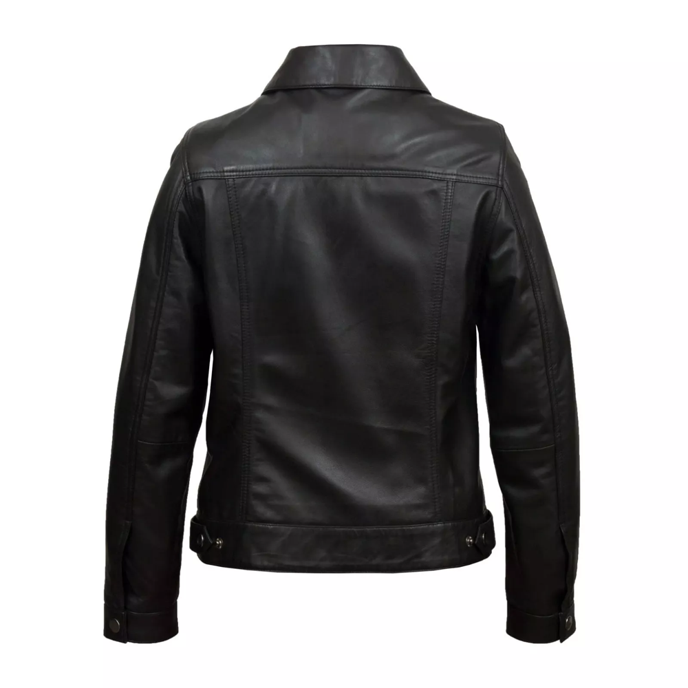 Women's Black Real Genuine Biker Cafe Racer Vintage Trucker Denim Leather Jacket - Image 2