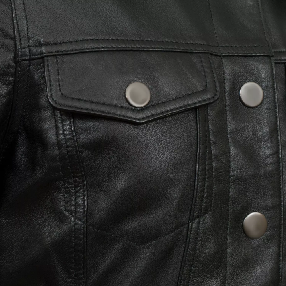 Women's Black Real Genuine Biker Cafe Racer Vintage Trucker Denim Leather Jacket - Image 3