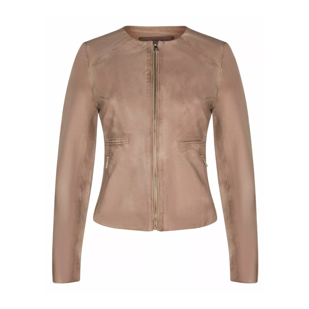 Ladies Leather Biker Jacket Classic Beige Real Lamb Cropped Retro Jacket